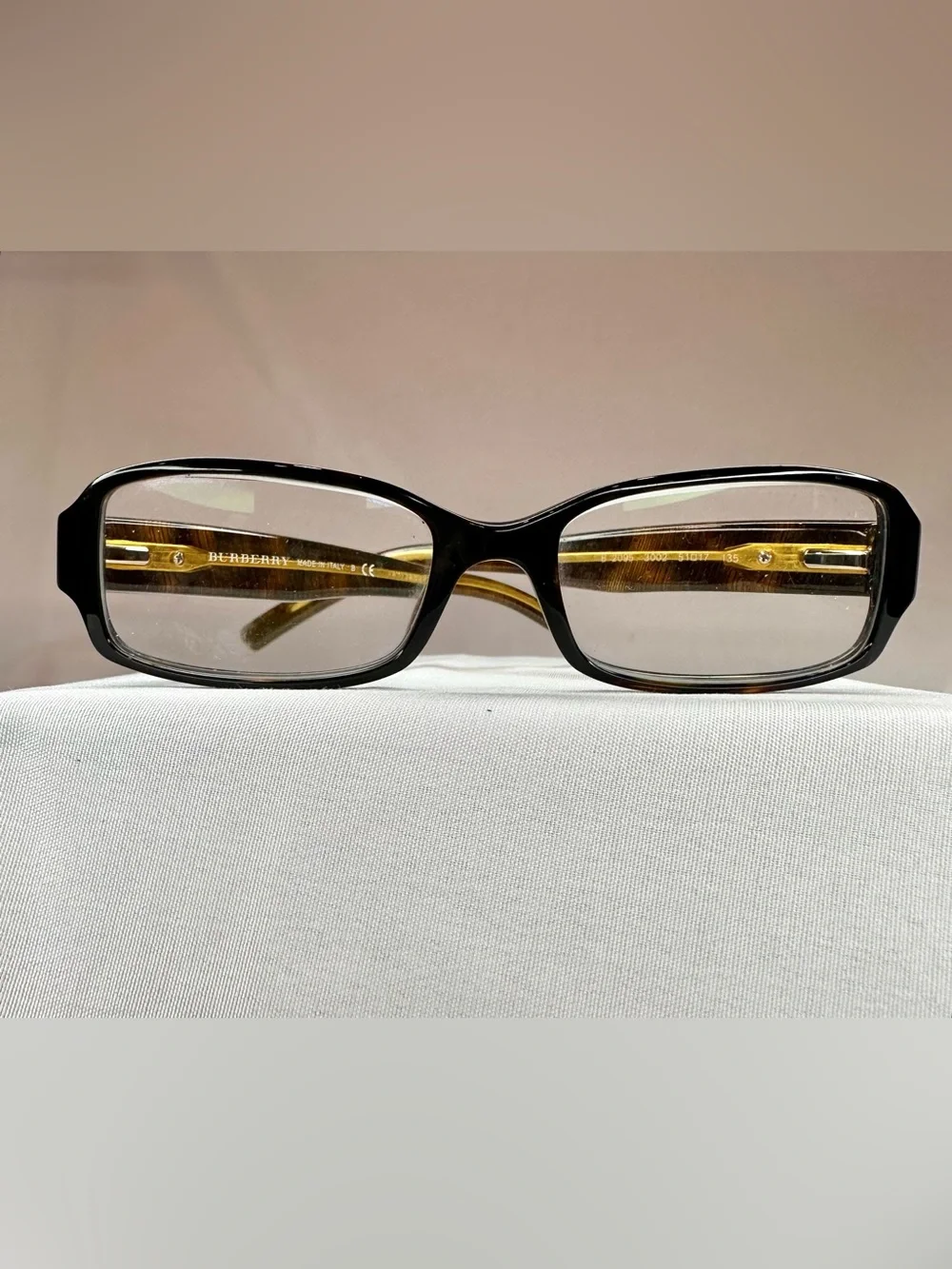 BURBERRY Tortoiseshell Pattern Rectangular Glasses with Metal Accent